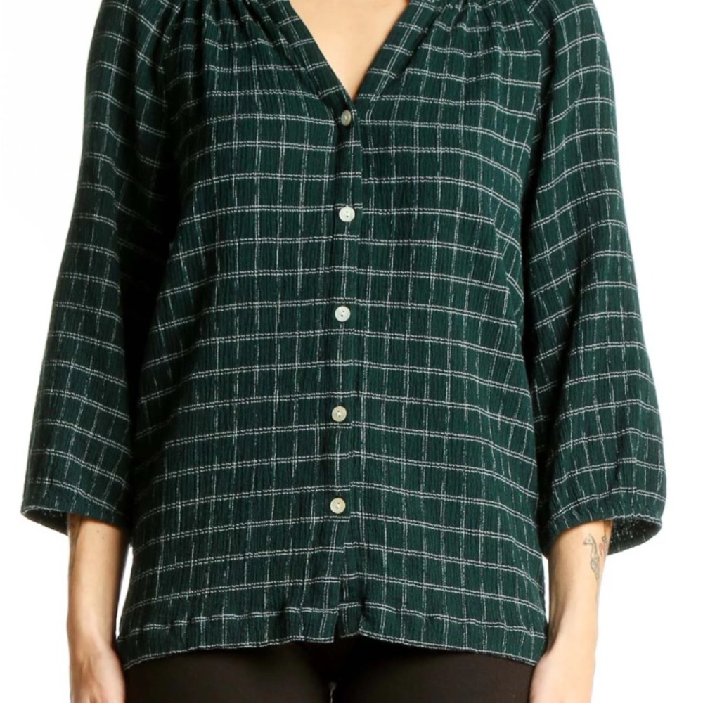 J. Jill Women's Crinkled Plaid Button-Up Top Size M Petite Evergreen Blouse - Picture 2 of 16
